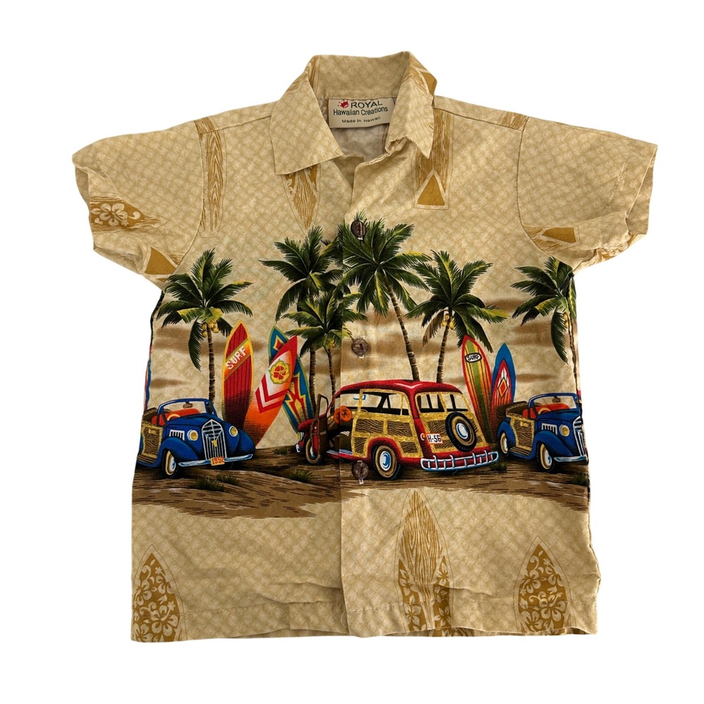 Royal Hawaiian Creations Boy's Button‎ Up Shirt Size 4 Palm Tree Surf Car Aloha